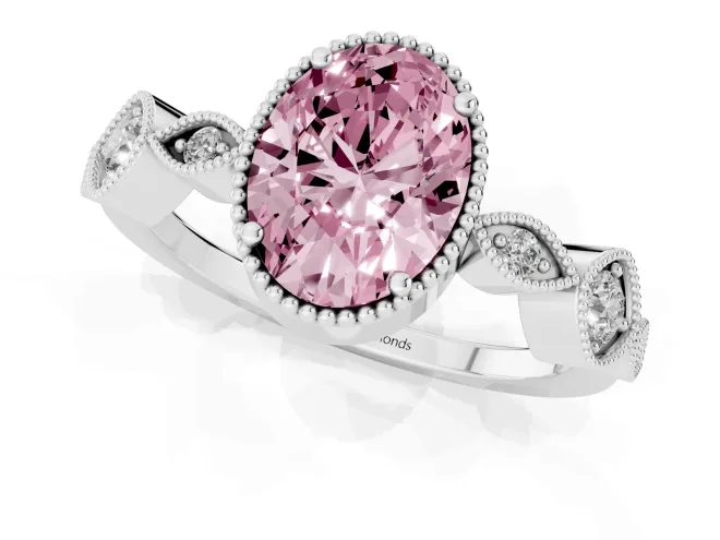 Fancy Pink Oval Cut Diamond Vintage-Inspired Milgrain Ring Set in Silver with Marquise Stations of Round Accents – second view