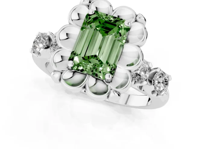 Fancy Green Emerald Cut Diamond Floral Halo Ring Set in Platinum with Shared Prong Band – second view