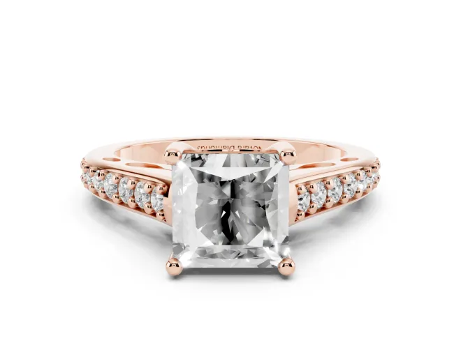 Princess Cut Graduated Pavé Cathedral Engagement Ring Setting | Scroll Cut-Outs | Rose Gold