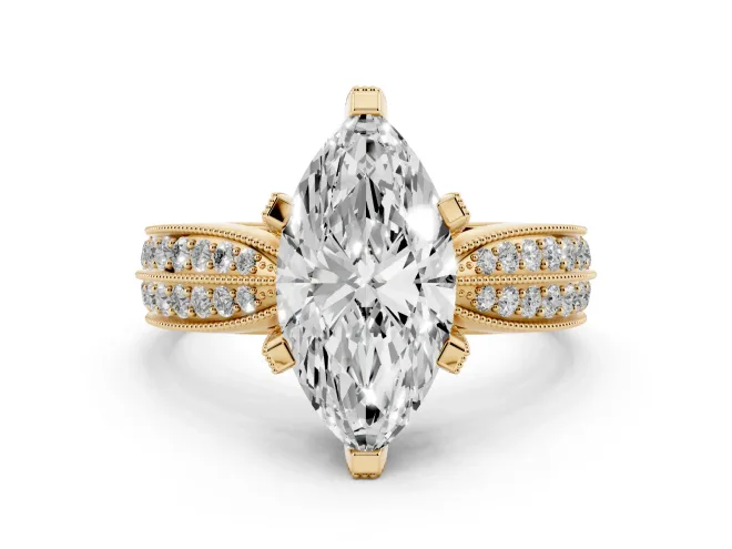 Marquise Milgrain Solitaire Engagement Ring Setting | Graduated Double Row Pavé | Yellow Gold