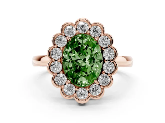 Oval Scalloped Cluster Halo Engagement Ring Setting for a Fancy Green Lab-Grown Diamond | Plain Band | Rose Gold