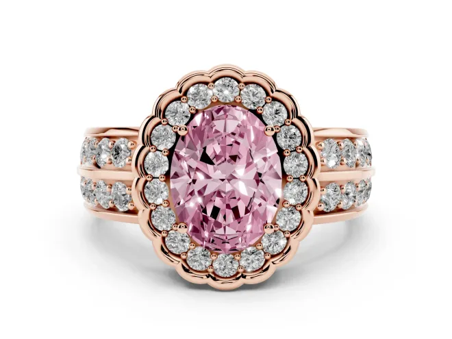 Oval Scalloped Halo Engagement Ring Setting for a Fancy Pink Lab-Grown Diamond | Double Row Band | Rose Gold