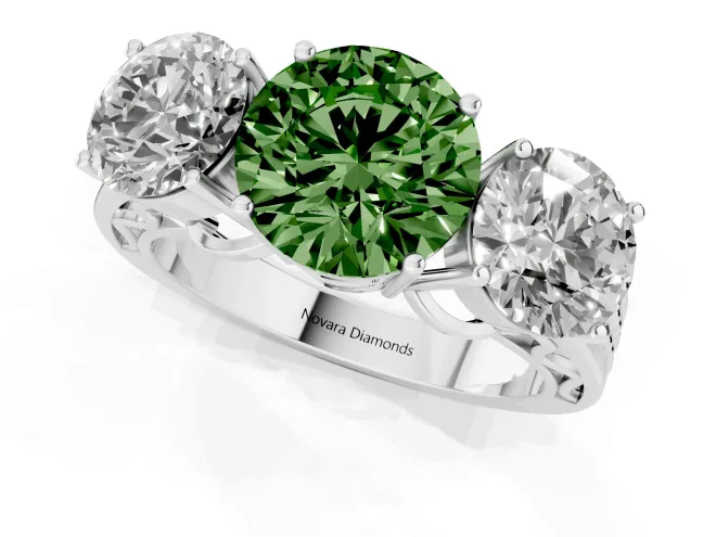 Fancy Green Round Cut Diamond Three-Stone Ring Set in White gold with Textured Band – second view