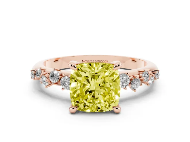 Fancy Yellow Cushion Cut Diamond Solitaire Vine Band Ring Set in Rose gold with Round Accents and Prong Setting