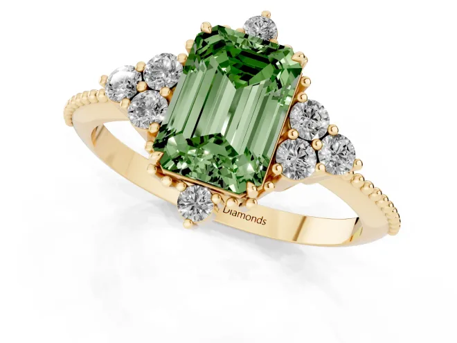 Fancy Green Emerald Cut Diamond Cluster Ring Set in Yellow gold with Beaded Band – second view