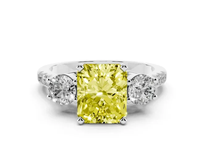 Radiant Cut Three-Stone Engagement Ring Setting for a Fancy Yellow Lab-Grown Diamond | Platinum