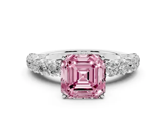 Fancy Pink Asscher Cut Diamond Solitaire Ring Set in White gold with Shared Prong Pavé Band