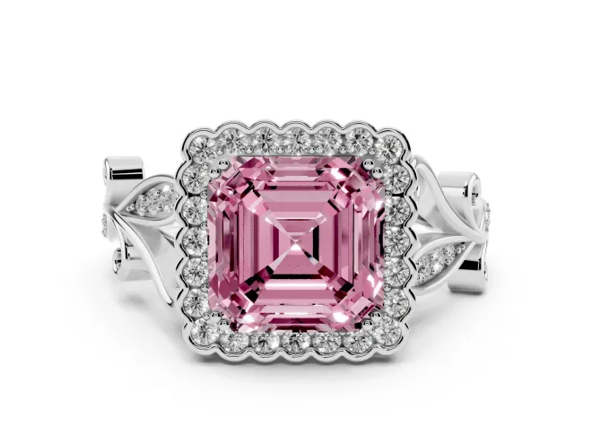 Asscher Cut Leaf Halo Engagement Ring Setting for a Fancy Pink Lab-Grown Diamond | Sterling Silver