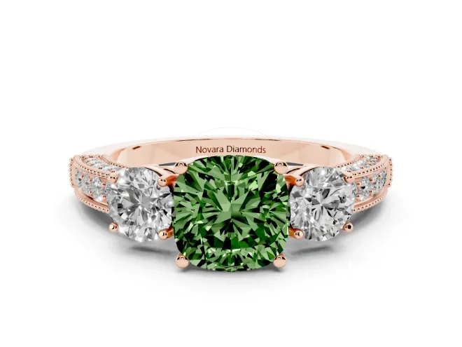 Fancy Green Cushion Cut Diamond Three-Stone Ring Set in Rose gold with Round Side Stones and Pavé Band