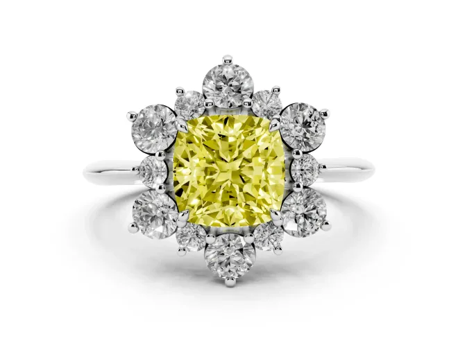 Cushion Cut Cluster Halo Engagement Ring Setting for a Fancy Yellow Lab-Grown Diamond | White Gold