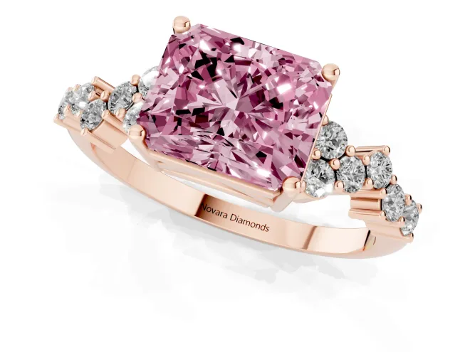 Fancy Pink Radiant Cut Diamond Ring Set in Rose gold with Scattered Round Accents – second view