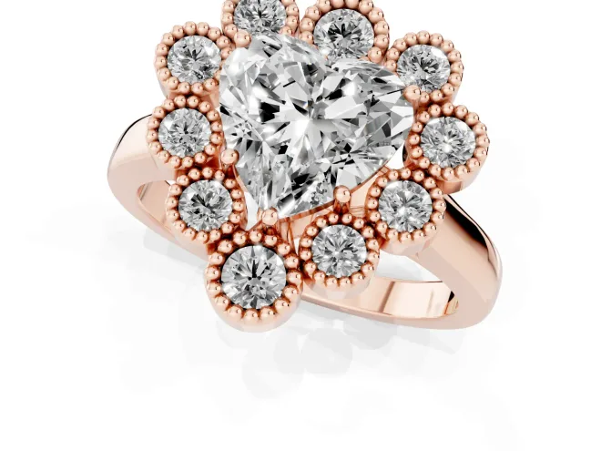 Heart Cut Diamond Cluster Halo Ring Set in Rose gold with Milgrain Bezel Accents and Plain Band – second view