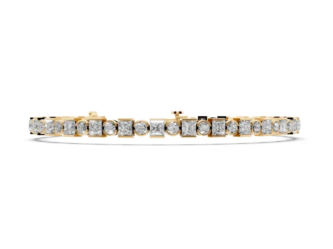 Round and Square Lab-Grown Diamond Bezel Tennis Bracelet | Bezel and Bar Set | Yellow Gold