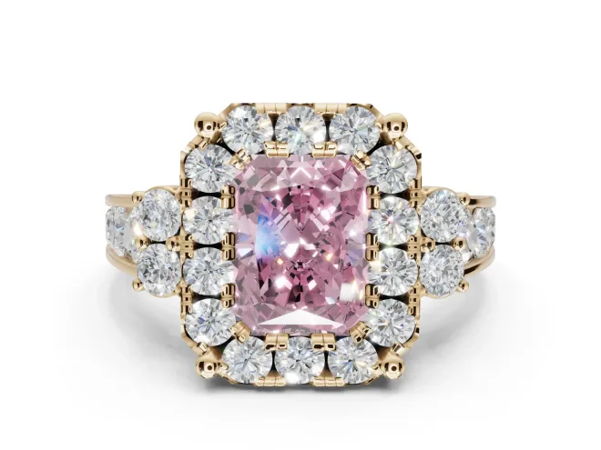 Radiant Cut Halo Engagement Ring Setting for a Fancy Pink Lab-Grown Diamond | Graduated Channel Band | Yellow Gold