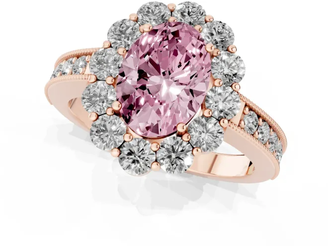 Fancy Pink Oval Cut Diamond Halo Pavé Engagement Ring Set in Rose gold with Milgrain Detailing – second view