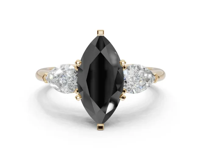 Marquise Three-Stone Engagement Ring Setting for a Black Center | Pear Side Stones | Yellow Gold