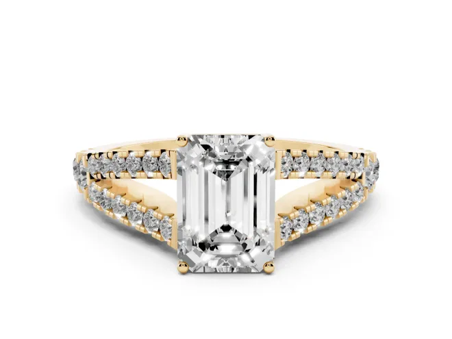 Emerald Cut Diamond Split Shank Pavé Engagement Ring Set in Yellow gold with Prong-Held Center Stone
