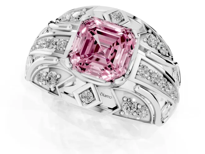 Fancy Pink Asscher Cut Diamond Art Deco Ring Set in White gold with Pavé Split Shank – second view