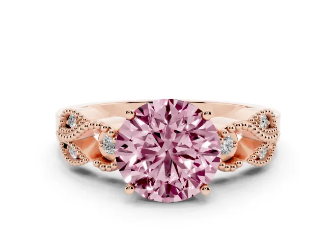 Round Vintage Leaf Solitaire Engagement Ring Setting for a Fancy Pink Lab-Grown Diamond | Rose Gold