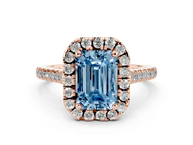 Fancy Blue Emerald Cut Diamond Cushion Halo Ring Set in Rose gold with Pavé Band