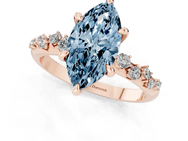 Fancy Blue Marquise Cut Diamond Solitaire Vine Band Ring Set in Rose gold with Round Accents and Prong Setting – second view