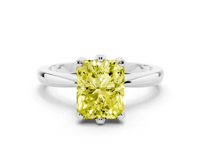 Fancy Yellow Radiant Cut Diamond Solitaire Engagement Ring Set in White gold with Slim Tapered Solitaire Band