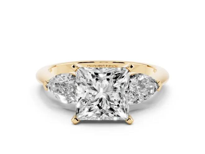 Princess Cut Three-Stone Engagement Ring Setting | Pear Side Stones | Yellow Gold