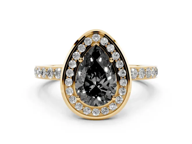 Fancy Black Pear Cut Diamond Halo Ring Set in Yellow gold with Bezel Frame and Pavé Band