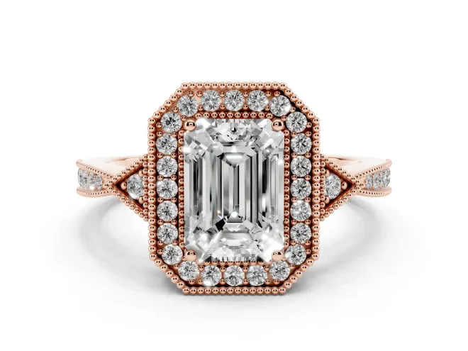 Emerald Cut Diamond Halo Engagement Ring Set in Rose gold with Milgrain Pavé Band
