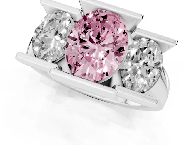 Fancy Pink Oval Cut Diamond Three-Stone Channel Set Ring Set in White gold with Smooth Polished Band – second view