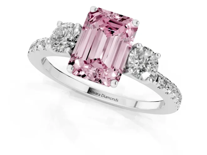 Fancy Pink Emerald Cut Diamond Three-Stone Ring Set in Silver with Pavé Band and Graduated Sides – second view