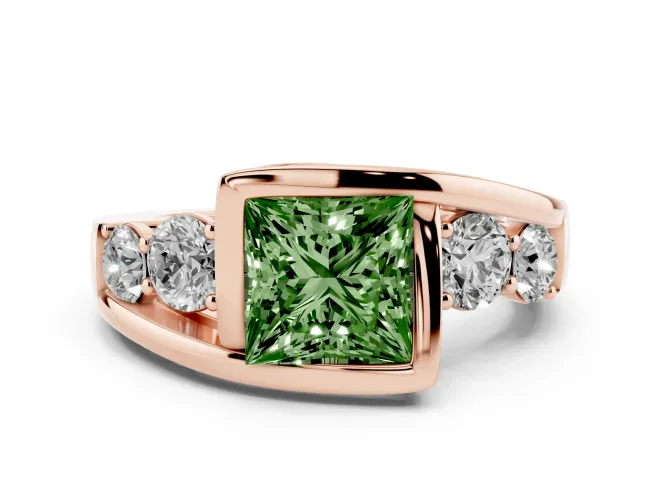 Fancy Green Princess Cut Diamond Bezel Bypass Ring Set in Rose gold with Round Accents