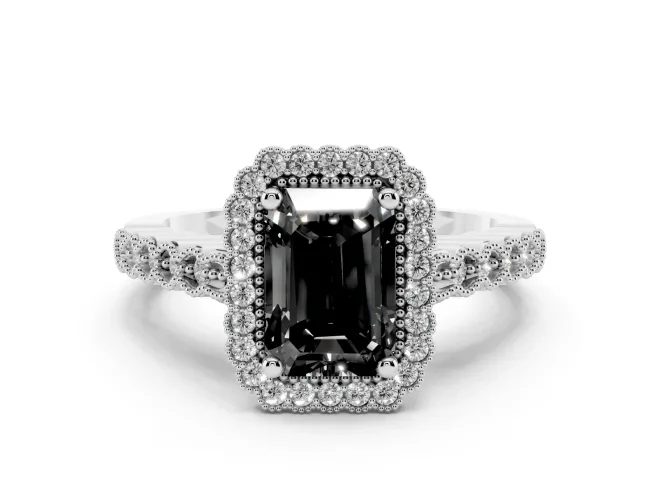 Fancy Black Radiant Cut Diamond Halo Ring Set in Platinum with Pavé Milgrain Band
