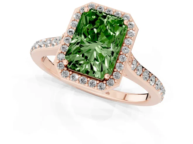 Fancy Green Radiant Cut Diamond Halo Engagement Ring Set in Rose gold with Round Pavé Shoulders and Heart Gallery – second view