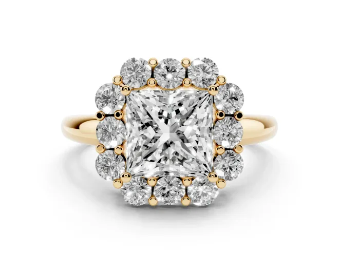 Princess Cut Milgrain Halo Engagement Ring Setting | Graduated Bezel Accents | Yellow Gold