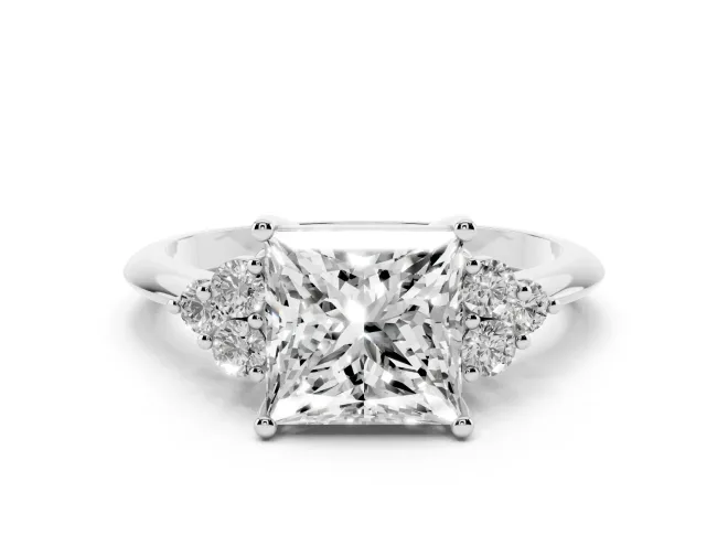 Princess Cut Cluster Accent Engagement Ring Setting | Plain Band | White Gold