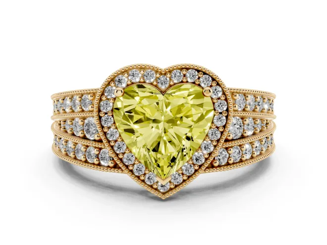 Heart-Shaped Milgrain Halo Engagement Ring Setting for a Fancy Yellow Lab-Grown Diamond | Split Shank | Yellow Gold
