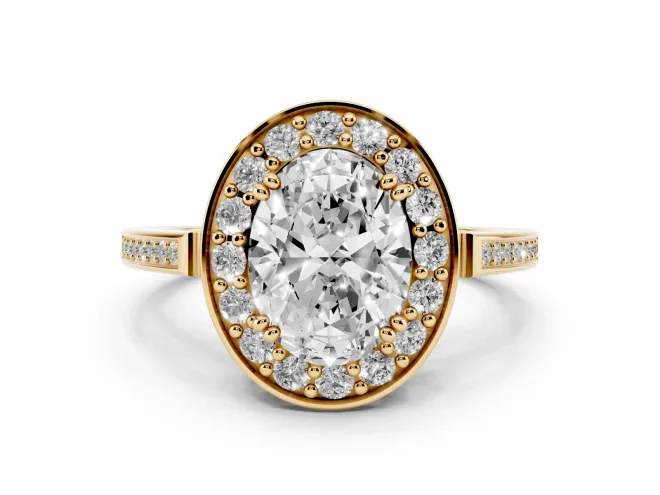 Oval Cut Diamond Halo Ring Set in Yellow gold with Accent-Lined Split Shank and Prong Setting