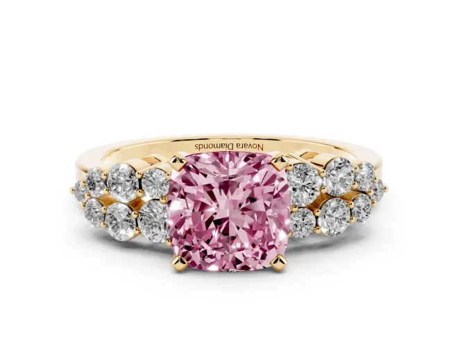 Cushion Cut Side Stone Engagement Ring Setting for a Fancy Pink Lab-Grown Diamond | Shoulder Clusters | Yellow Gold