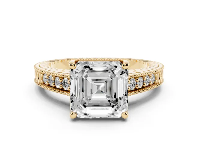Asscher Cut Vintage Engraved Solitaire Engagement Ring Setting | Milgrain Pavé | Yellow Gold
