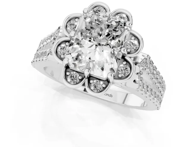 Radiant Cut Diamond Floral Halo Split Shank Engagement Ring Set in White gold with Pavé Shank – second view