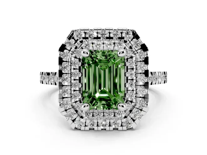 Fancy Green Emerald Cut Diamond Double Halo Statement Ring Set in Platinum with Pavé Band