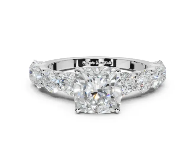 Cushion Cut Side Stone Engagement Ring Setting | Scalloped Prong Accents | White Gold