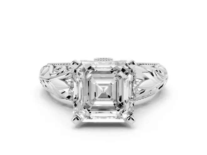 Asscher Cut Diamond Filigree Halo Engagement Ring Set in Silver with Prong Setting