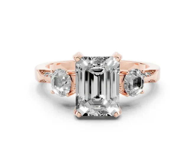 Emerald Cut Hidden Halo Three Stone Engagement Ring Setting for a Fancy Green Lab-Grown Diamond | Rose Gold