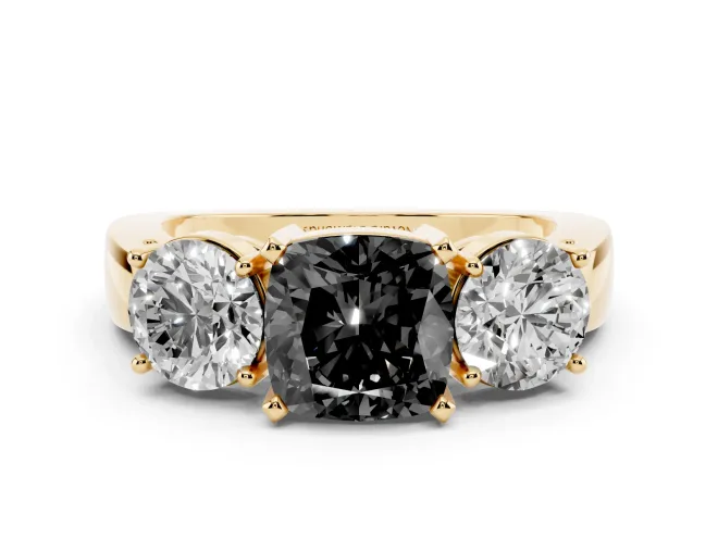 Fancy Black Cushion Cut Diamond Three-Stone Ring Set in Yellow gold with Round Side Stones and Classic Band