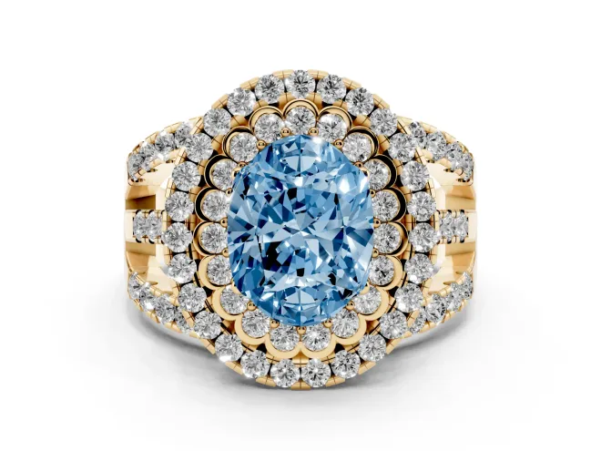 Oval Double Halo Split Shank Engagement Ring Setting for a Fancy Blue Lab-Grown Diamond | Pavé Strands | Yellow Gold