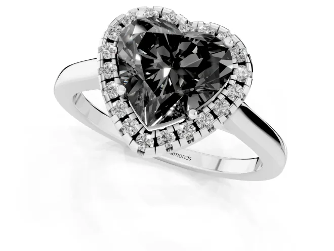 Fancy Black Heart Cut Halo Round Diamond Solitaire Ring Set in Silver with Pavé Band and Prong Setting – second view