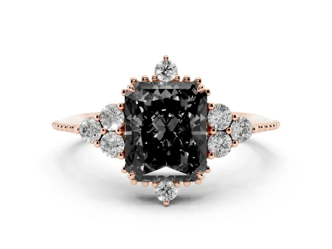 Fancy Black Radiant Cut Diamond Cluster Ring Set in Rose gold with Beaded Band