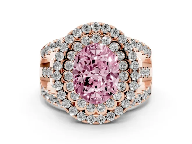 Oval Double Halo Split Shank Engagement Ring Setting for a Fancy Pink Lab-Grown Diamond | Pavé Strands | Rose Gold